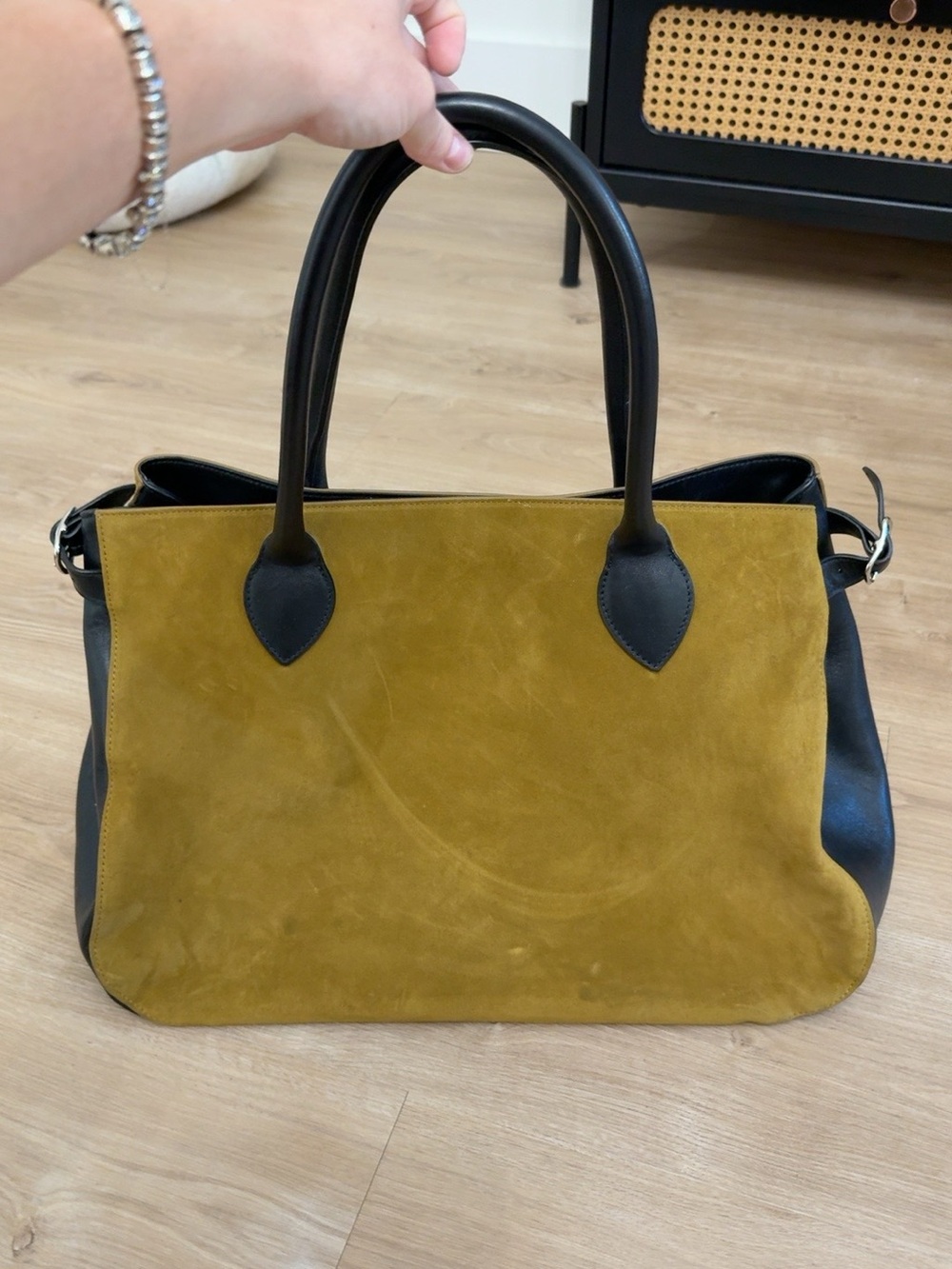 Reformation Two-Tone Suede Tote in Mustard and Black